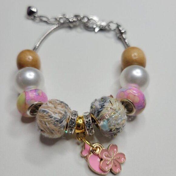 NWT Pandora Style Charm Bracelet Korean Yarn Pink Enameled Charms Wood Beads S/M - Picture 2 of 5
